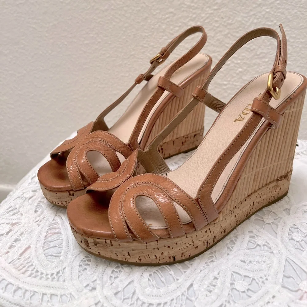 Prada Bamboo and Cork Wedge Heels